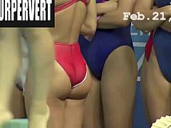 In a casual voyeur scene, young women in bikinis perform high dives with hidden camera views on their legs and asses.