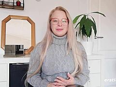 Ersties cute blonde Anna with glasses fingers her wet pussy to squirting orgasm using dildo