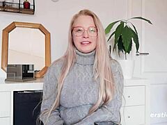 Ersties cute blonde Anna with glasses fingers her wet pussy to squirting orgasm using dildo