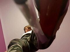 blonde femdom slut puts him on knees for bdsm jerk off session under bill with cum eating finale