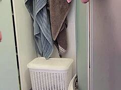 stepmom caught her son in the shower and decided to help him jerk off until he came on her tits