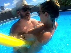 Watch this pregnant young milf dive into pool sex while teasing neighbors with braces!