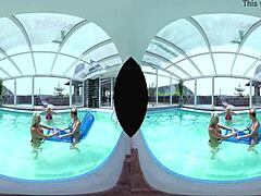 Big tits blonde gets anal in pool foursome with pussy licking and ass action.