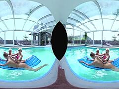 Big tits blonde gets anal in pool foursome with pussy licking and ass action.