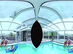 Big tits blonde gets anal in pool foursome with pussy licking and ass action.