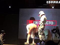 Brunette pornstar's big ass contrasts with acrobatic blowjob in Spanish holiday party sex