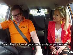 busty euro babe publicly rides her instructor's cock on backseat in wild cowgirl