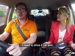 busty euro babe publicly rides her instructor's cock on backseat in wild cowgirl