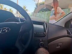 Risky public masturbation inside the car turns intriguing for the hot girl in outdoor doggystyle bent over action