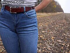 Milf Teases Big Cameltoe in Tight Blue Jeans Outdoors