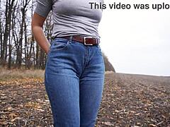 Milf Teases Big Cameltoe in Tight Blue Jeans Outdoors