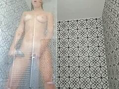 in this casual story, a sexy brazilian housewife takes a steamy shower, dancing sensually with her big ass and lingerie in the bathroom.