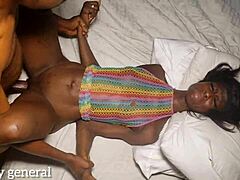 Skinny black girl begs ebony general not to go in too deep during deepthroat