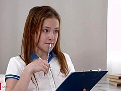 flexible redhead babe nicole murkovski gets fucked doggystyle, rides cowgirl, and takes a creampie in stockings after fingering her shaved pussy