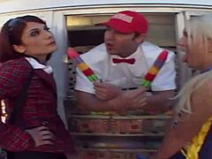 Cheer Leaders Fuck The Ice Cream Guy In Threesome With Pussy Licking And Cum In Mouth