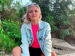 Blonde Teen Sucks Handjobs Big Cock Outdoor POV Sloppy