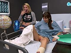 Whoa horny milf with big tits masturbates wildly on hospital bed then handjobs stranger to cum on tits!