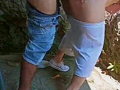 latina teen couple rips clothes for rough outdoor anal creampie behind abandoned house