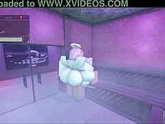 sauna steam rises as hot lady rams her thick cock deep inside me