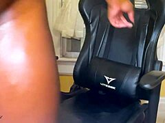 Thick ebony nerd alone in bedroom fingers her fat pussy and huge tits