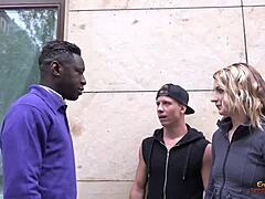 big black cock guy pounds shaved caucasian babe doggystyle as cuckold husband watches