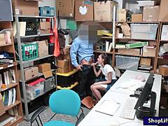 cute petite brunette teen thief slurps lp officer's cock then gets shaved pussy drilled at work