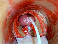 Camera inside oiled tight pussy films huge cock creampie close-up asmr