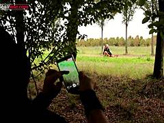 voyeur watches outdoor foot slave lick and facesit in femdom humiliation