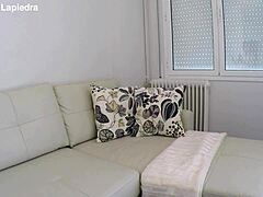 little apolonia spits saliva everywhere while dildo squirting on sofa