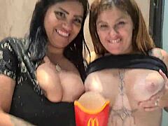 Lesbian tits out flashing in public fast food spot