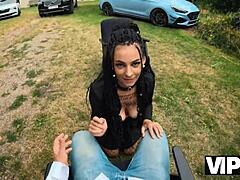 Babe with pierced nipples tattoos seduces guy for forest FUCK