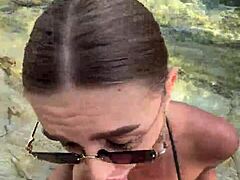 Wild stranger blowjob explodes cum all over face and huge tits on beach!