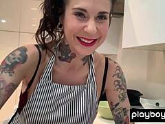 inked milf joanna angel preps dinner then rams dildo deep in kitchen pussy