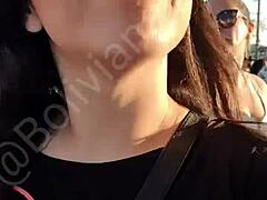 latina outdoor tease flashes natural tits and pussy with no panties public style