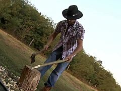 after chopping wood this extremely beautiful young girl with big natural tits approaches man for rough anal deepthroat and cum