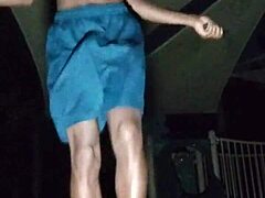 skinny brunette workouts in park gym solo