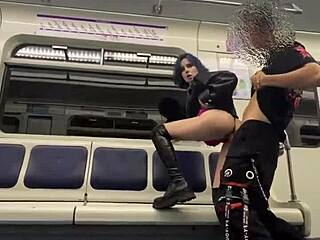 Bold subway train car blowjob in public